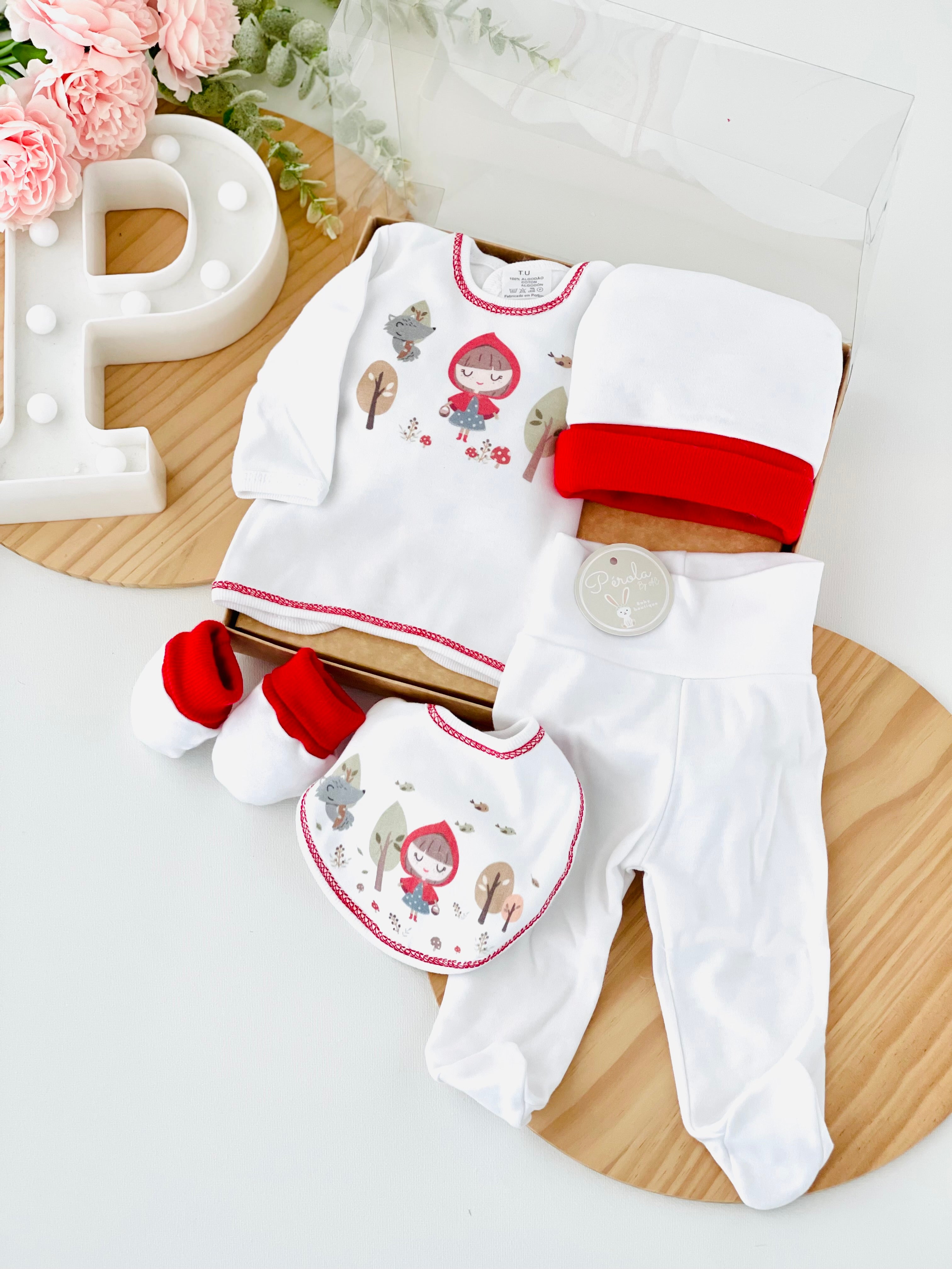 Pack 3 capuchinho vermelho: camisola, calças, gorro, luvas e babete