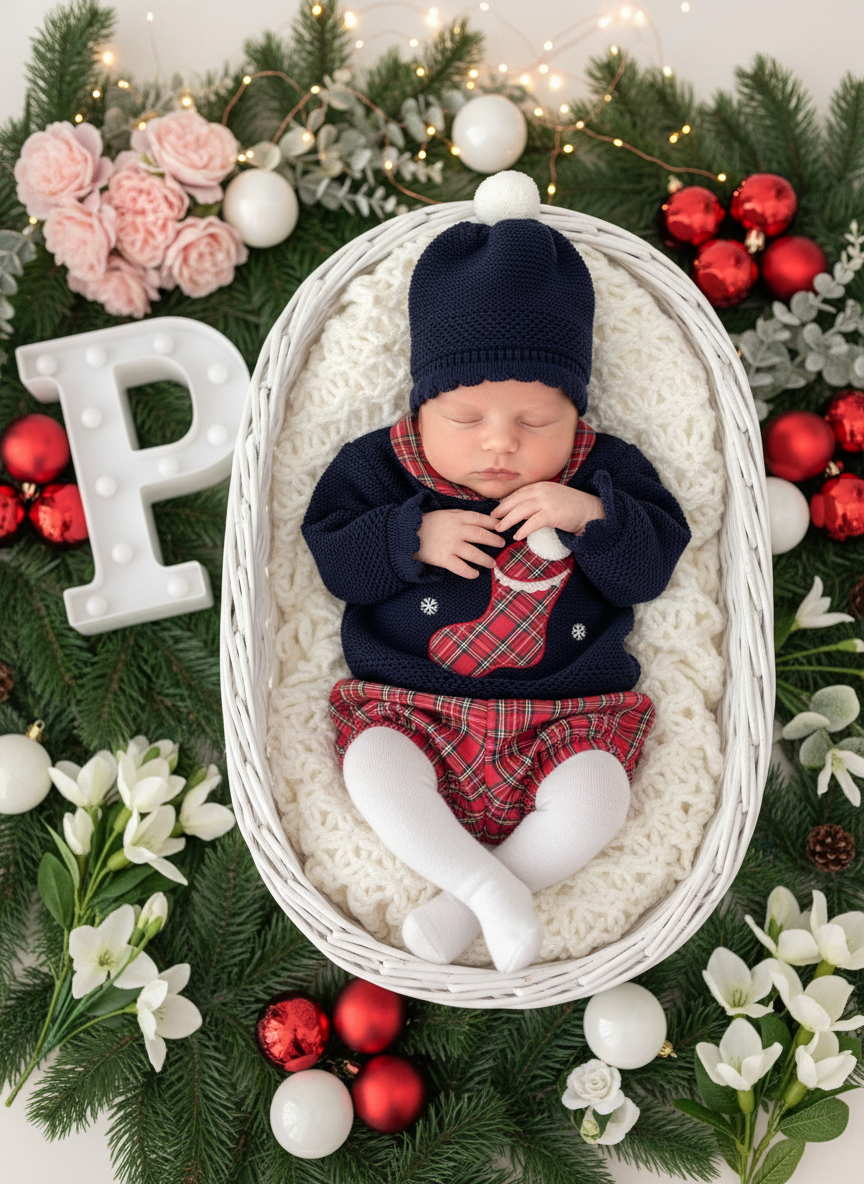 Conjunto Natal: camisola, calções e gorro pompom