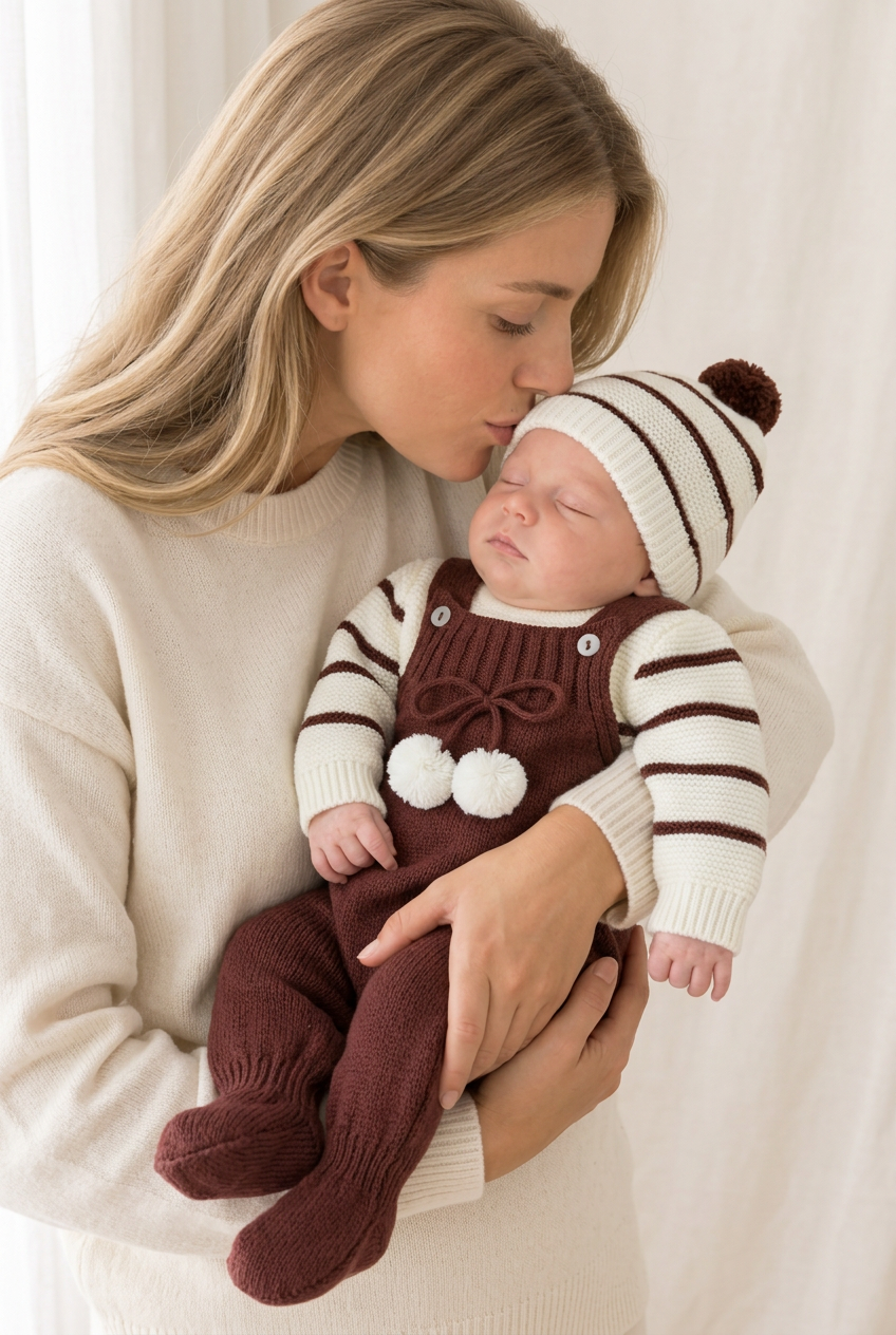 Conjunto risquinhas castanho: jardineiras, camisola e gorro