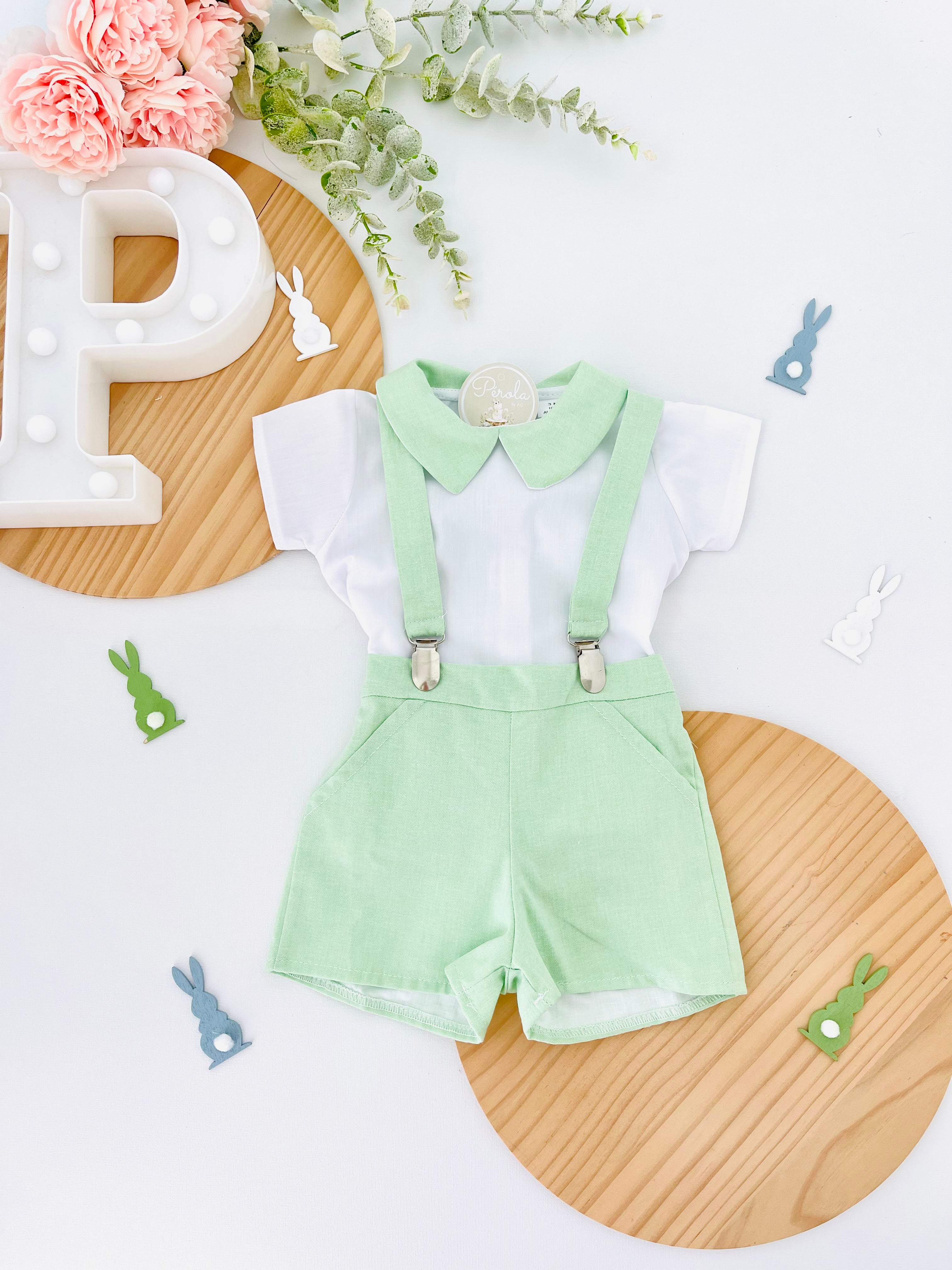 Conjunto Pequeno Príncipe: calções com suspensórios e camisa 3-12M