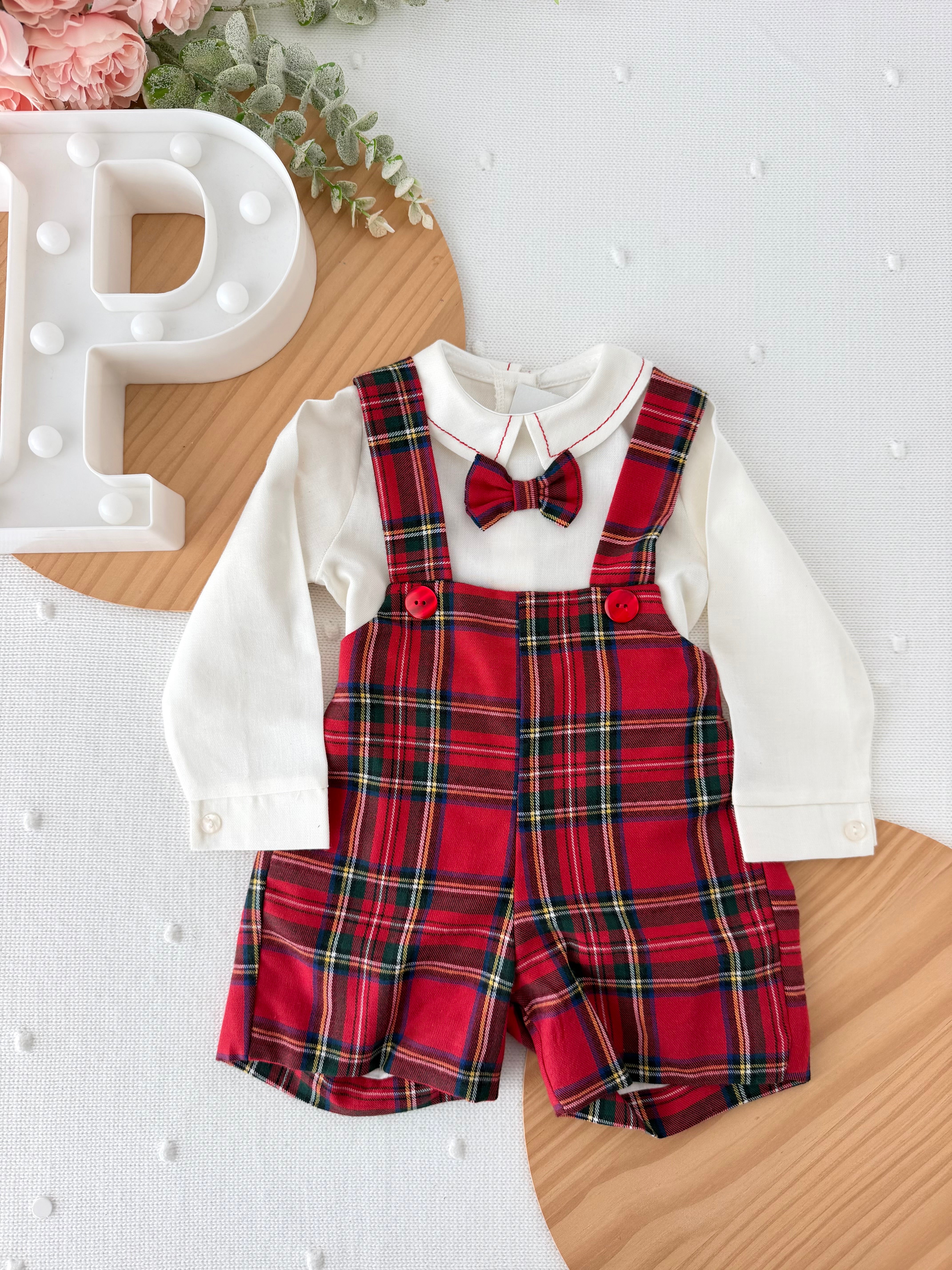 Conjunto xadrez vermelho  menino 6-12-18M