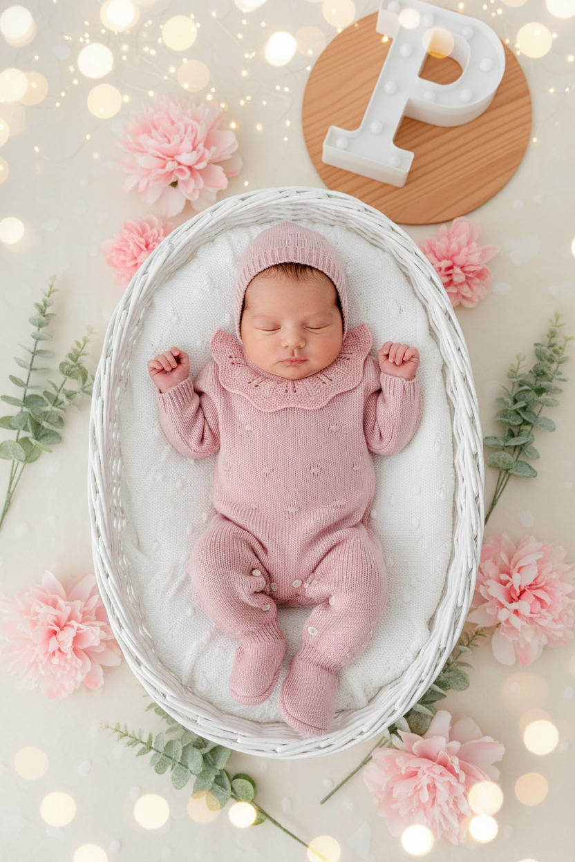Babygrow e touca Rosa Velho em malha Outono Inverno