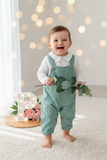 Conjunto verde: jardineiras bombazine e camisola com carda 3-12M