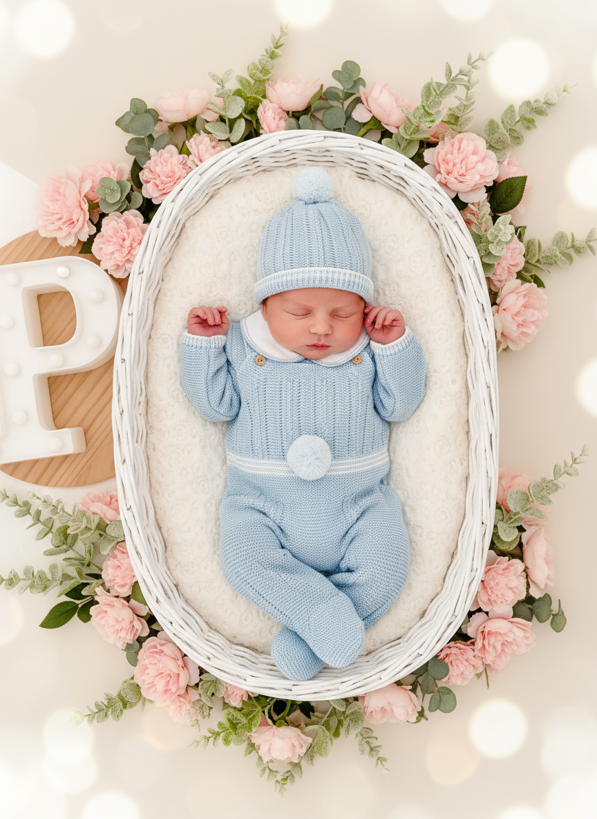 Conjunto Pompom Azul: jardineiras, camisola e gorro