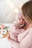 Conjunto princesinha de malha rosa com bordado inglês