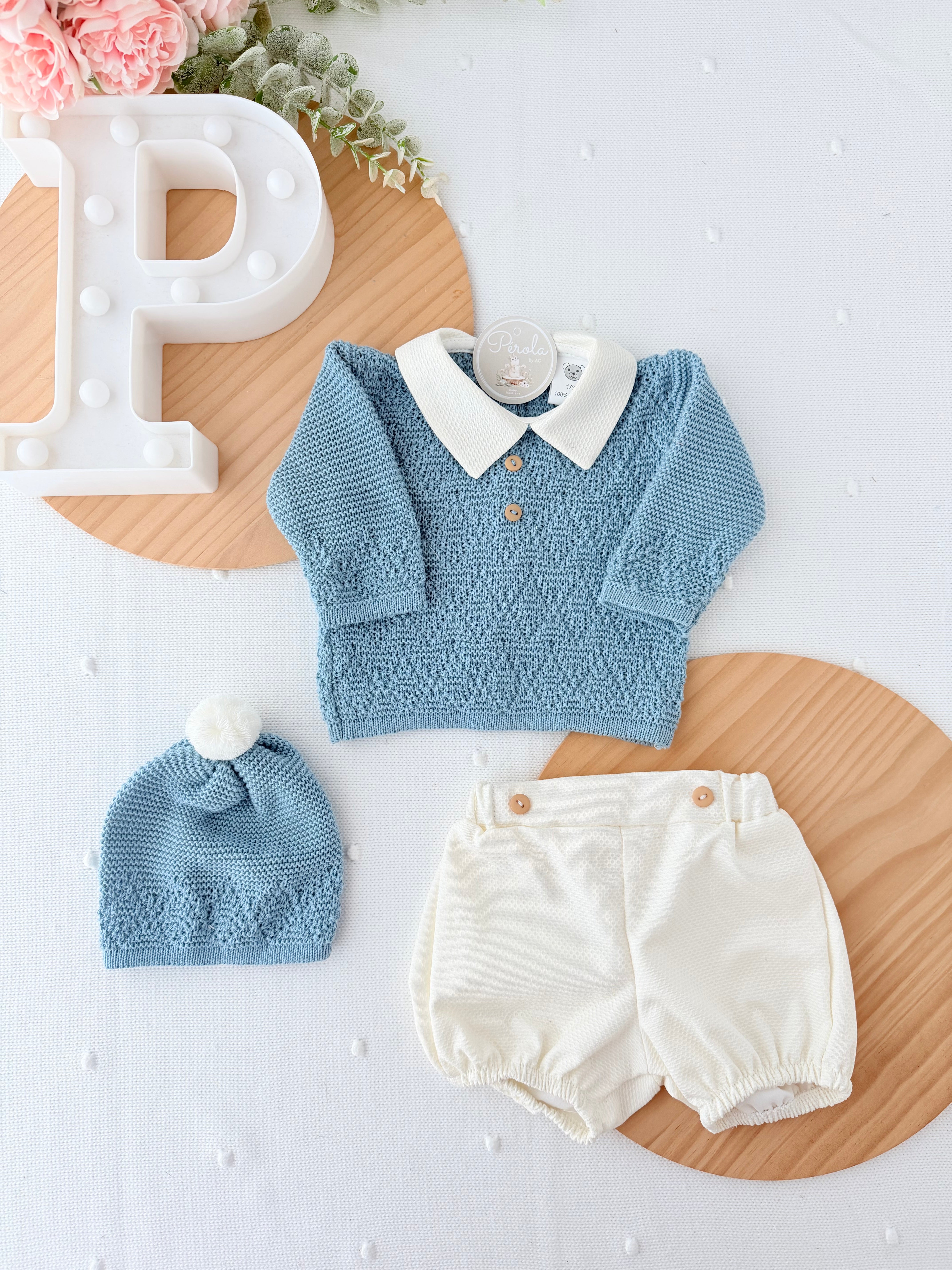 Conjunto Azulão: Camisola,gorro e calções - Primavera Verão