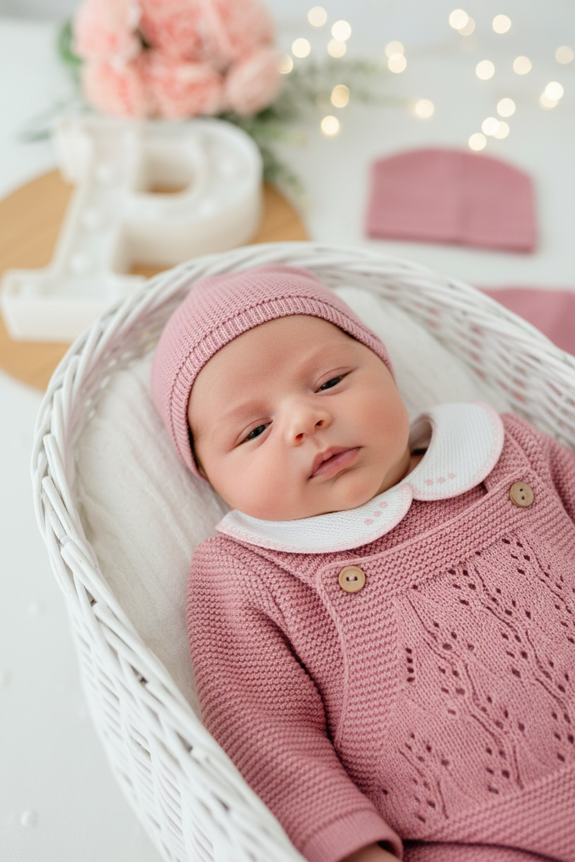 Pack saída de maternidade Rosa 5 peças: body, calças, jardineiras, camisola e gorro