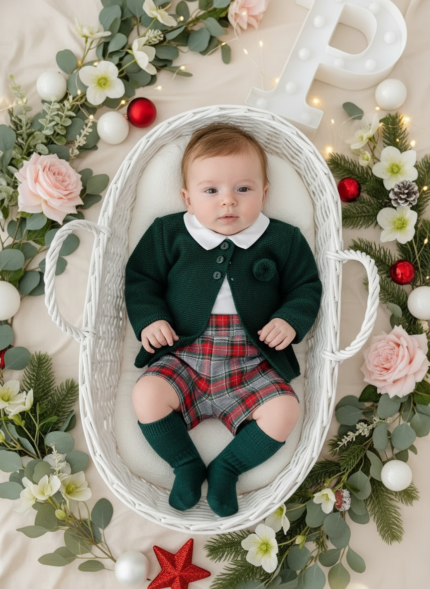 Conjunto menino xadrez cinzento e verde: Calções com alças e camisa
