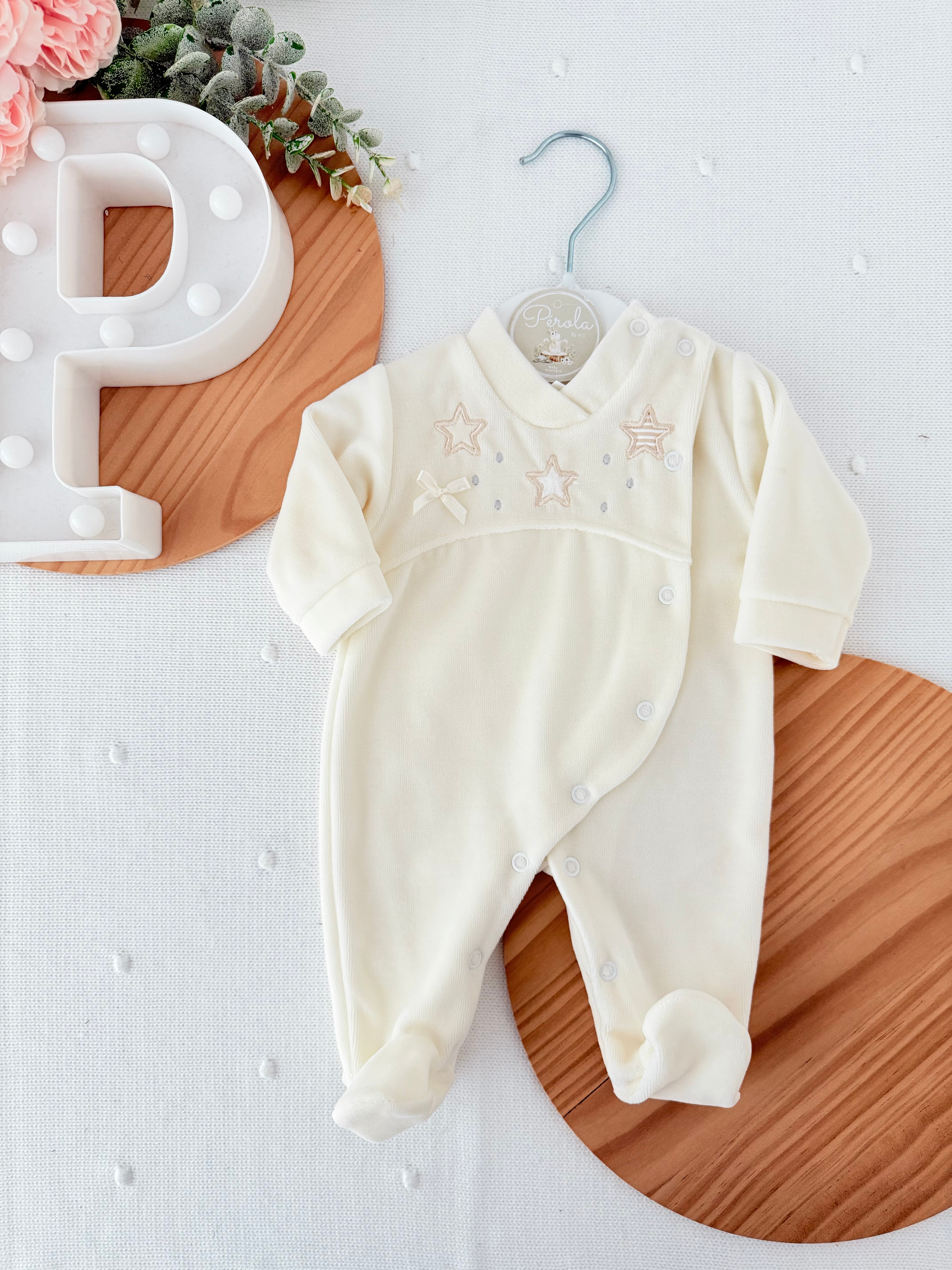 Babygrow Veludo Bebé com Estrelas Bordadas - Recém-Nascido