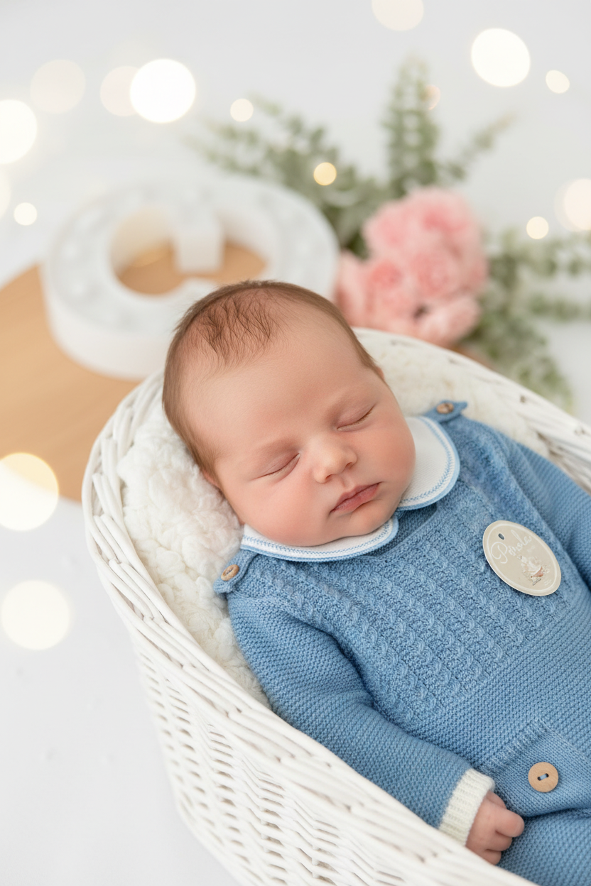 Saída de maternidade azul cobalto: jardineiras, camisola e gorro malha quentinha