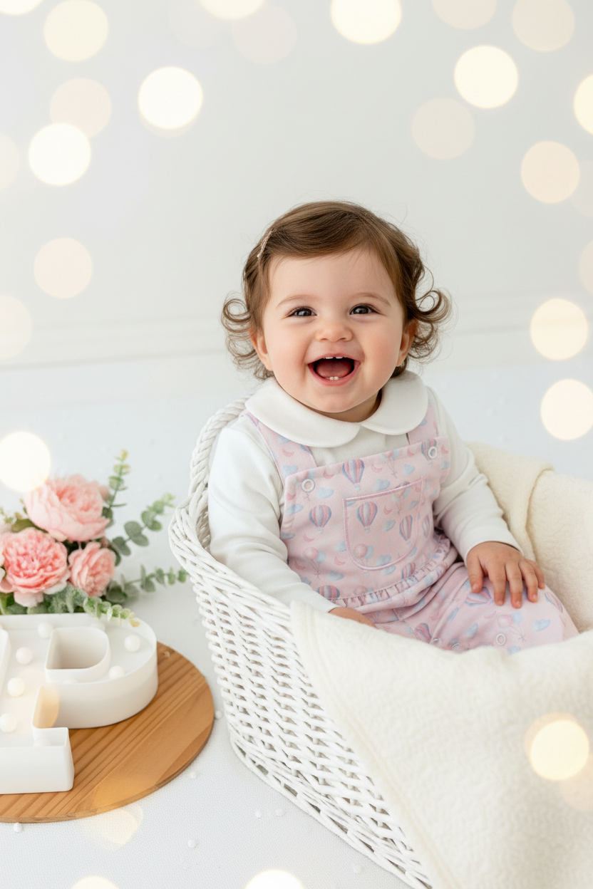 Conjunto balões rosa: Jardineiras forradas e camisola Outono Inverno