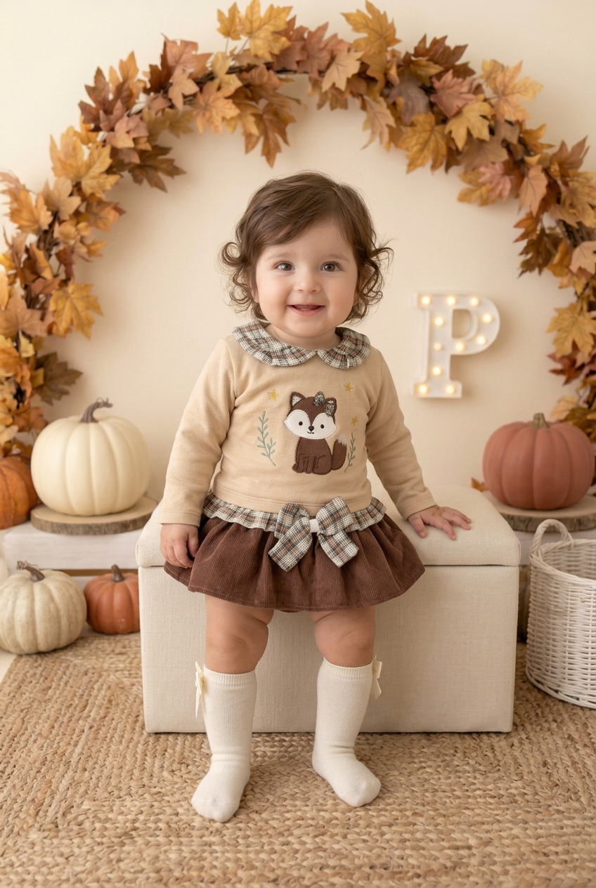 Conjunto raposa: camisola e saia/tapa fraldas