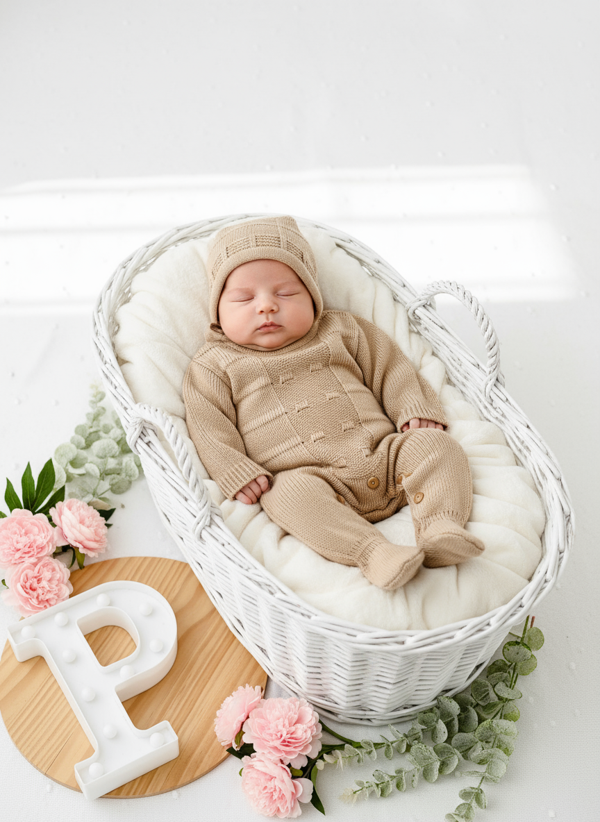 Saída de maternidade quadradinhos: Babygrow e touca Outono/Inverno