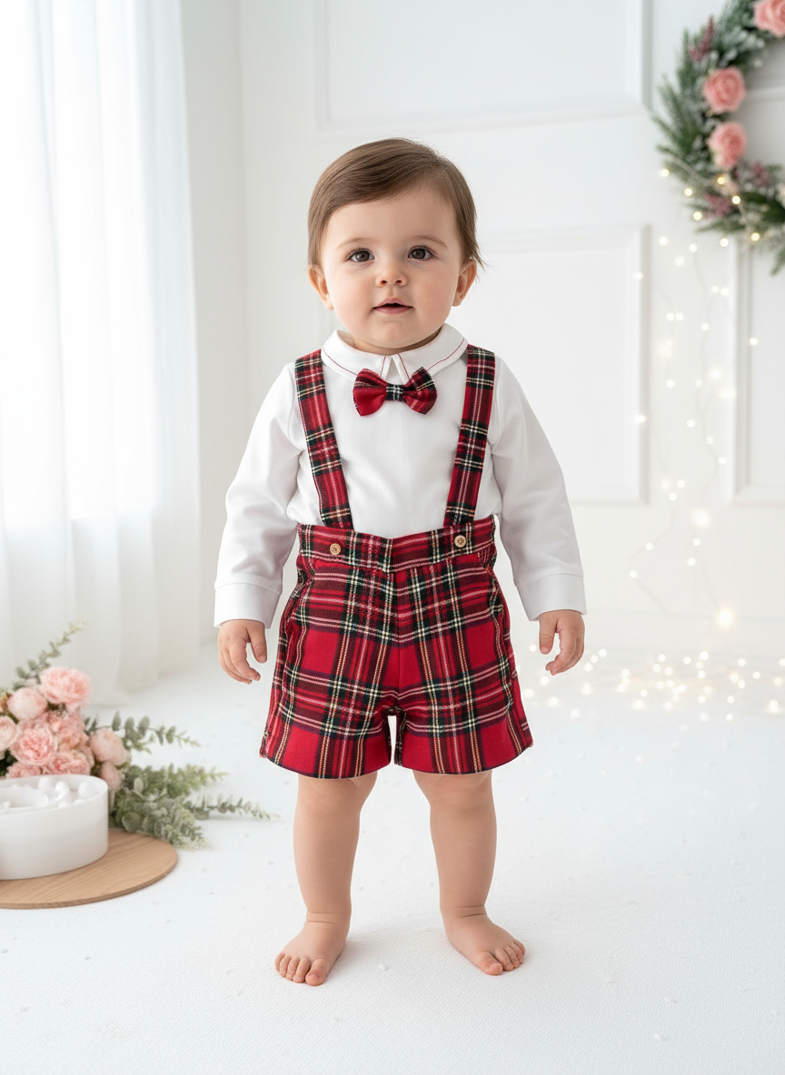 Conjunto xadrez vermelho menino Natal: calções, camisa em flanela e laço xadrez 2.0
