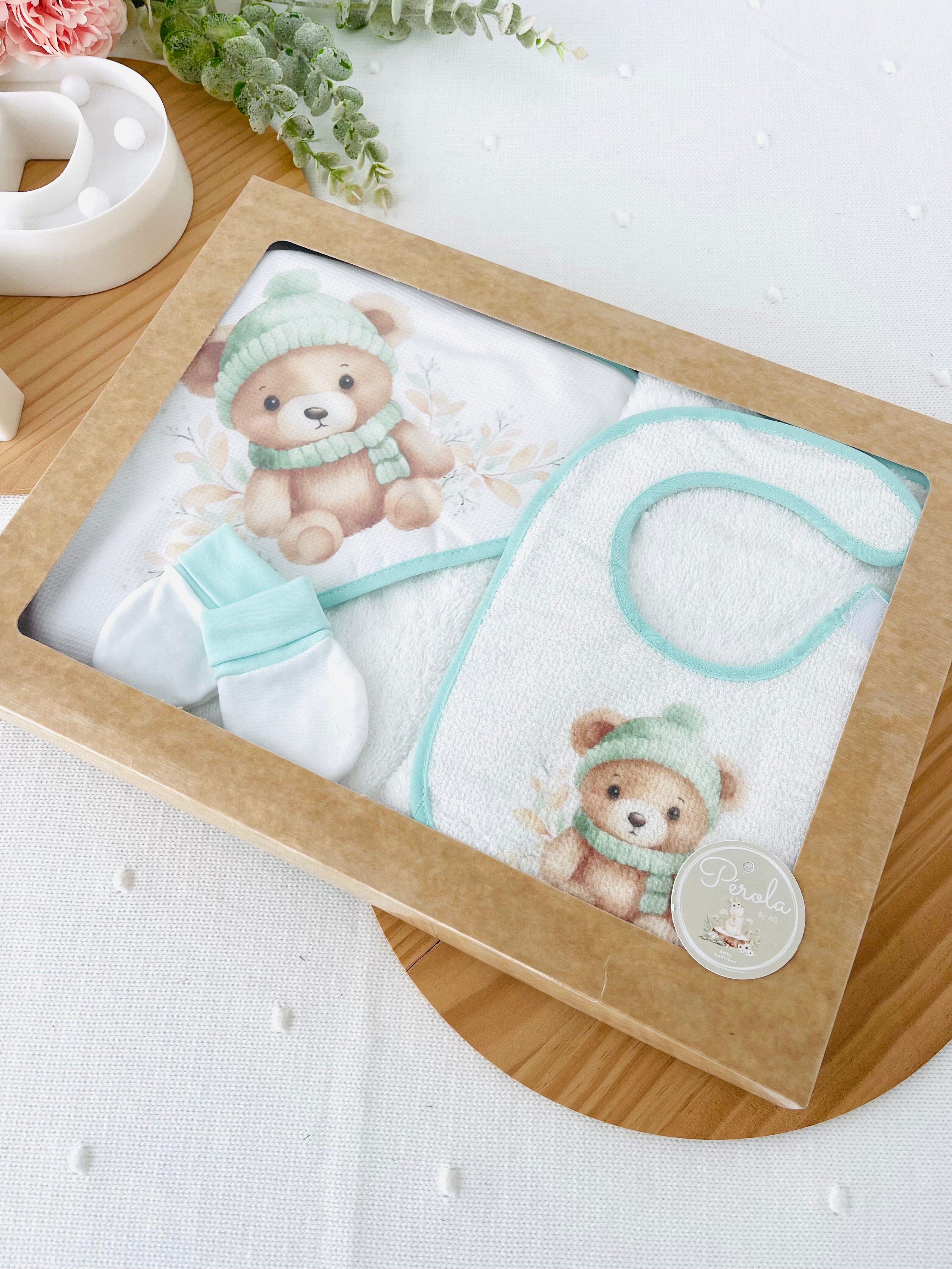 Pack ursinho: toalha de banho, luvas e babete impermeável