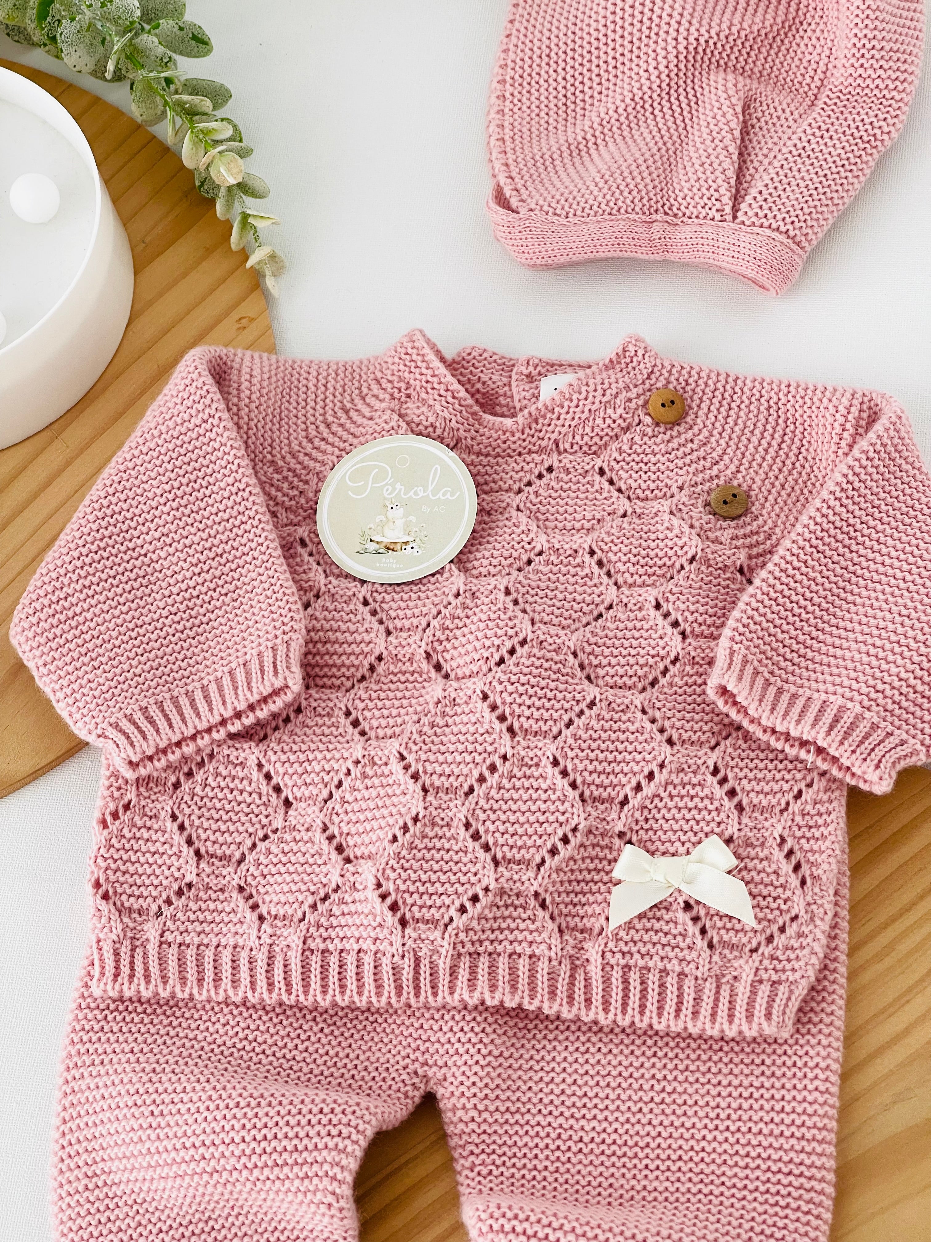 Conjunto malha colmeia para recém nascidos camisola, calças e touca - Outono/Inverno