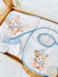 Pack ursinho: toalha de banho, luvas e babete impermeável