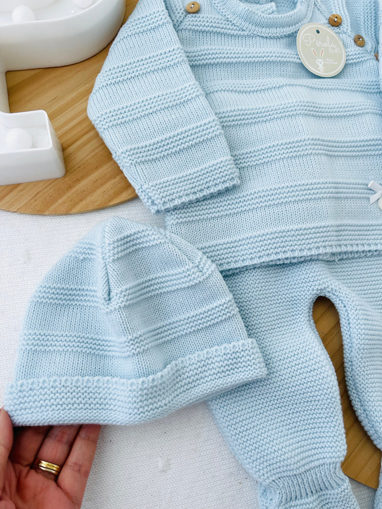 Conjunto malha quentinha riscas: camisola, calças e gorro