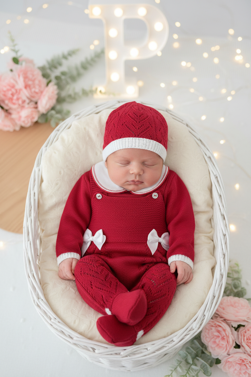 Pack saída de maternidade VERMELHO 5 peças: body, calças, jardineiras, camisola e gorro