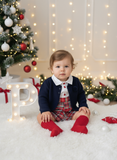 Conjunto menino xadrez vermelho e verde: Calções com alças e camisa