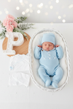 Pack saída de maternidade Azul 5 peças: body, calças, jardineiras, camisola e gorro