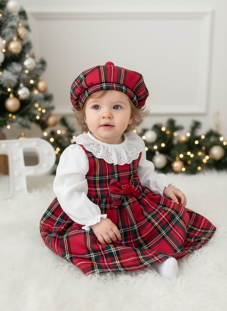 Conjunto Menina Tartan Vermelho e Preto - Vestido, Blusa e Bóina