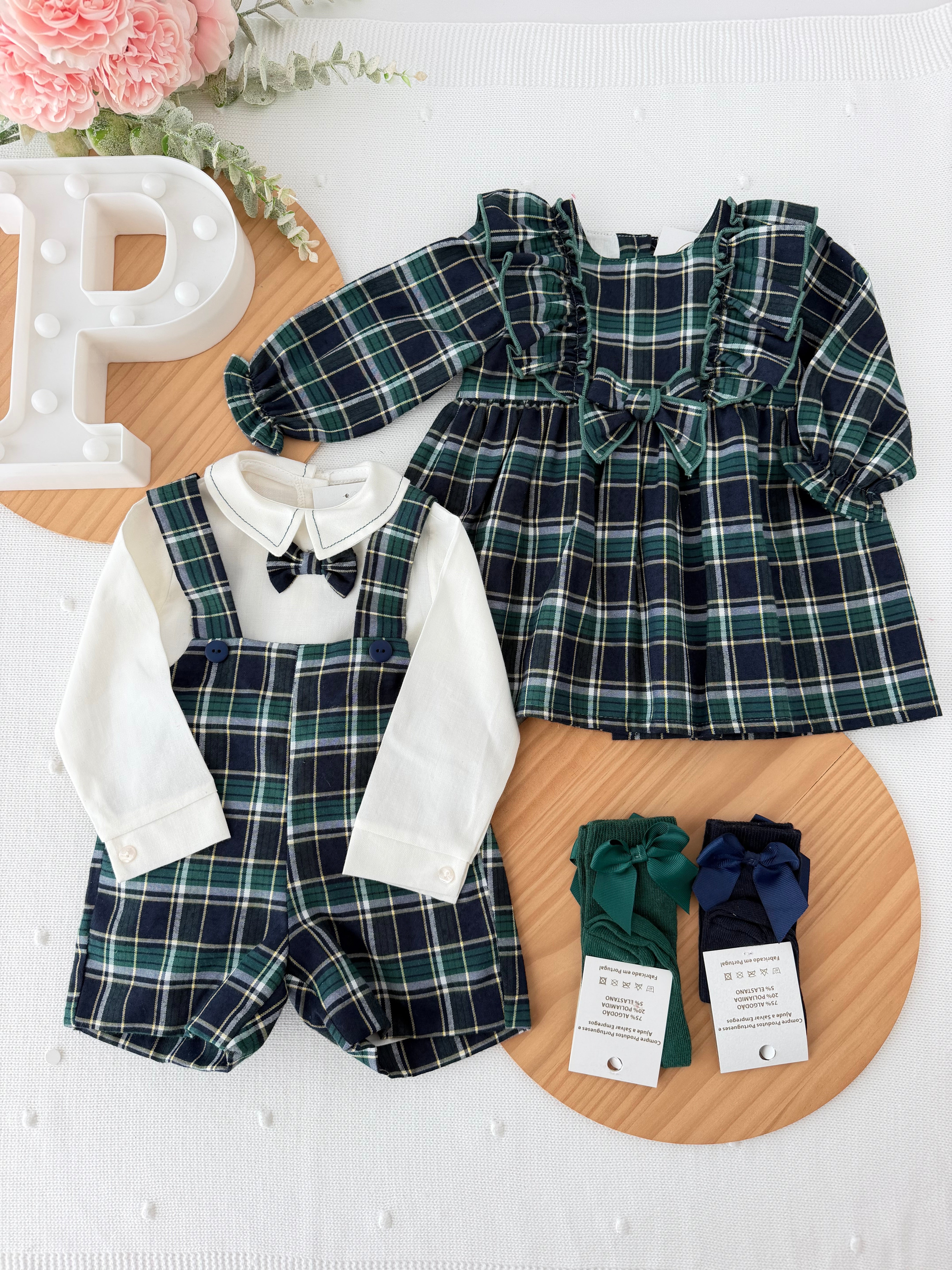 Conjunto xadrez verde menino 6-12-18M