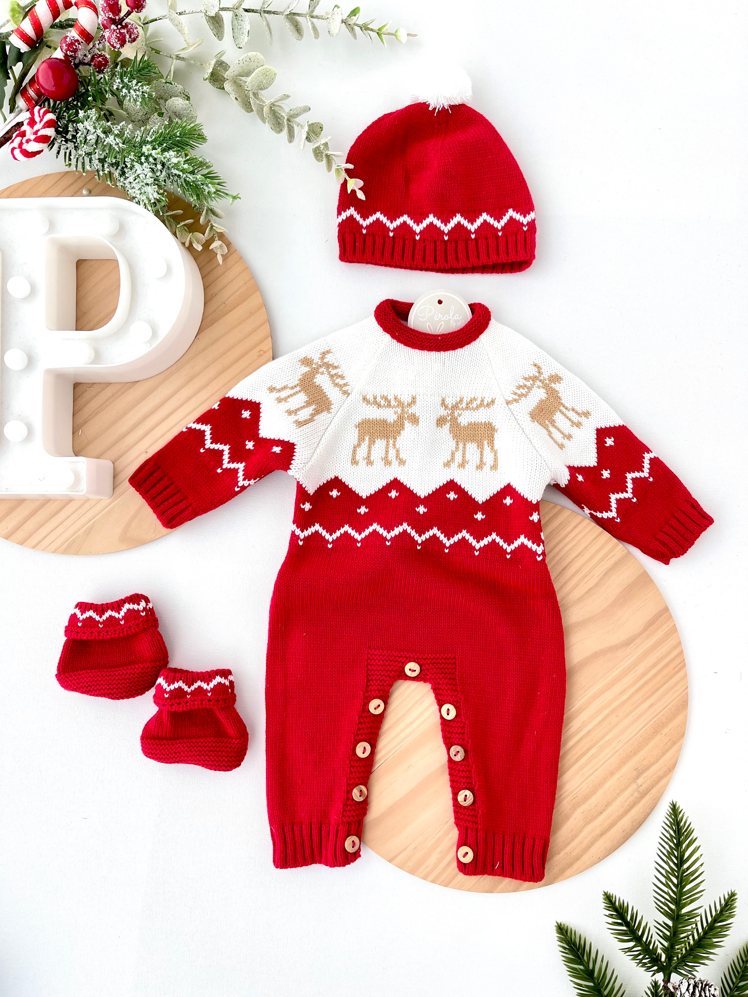 Conjunto Natal: Macacão, gorro e carapins