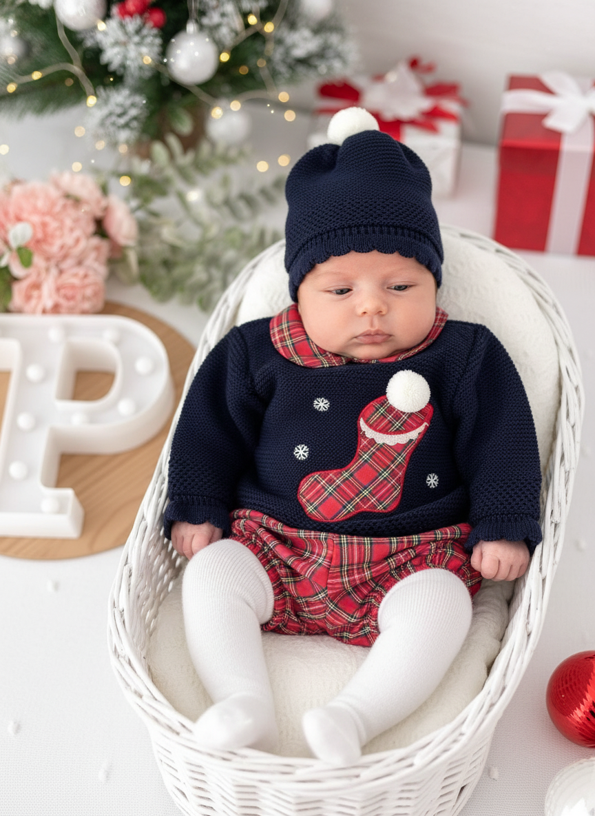 Conjunto Natal: camisola, calções e gorro pompom