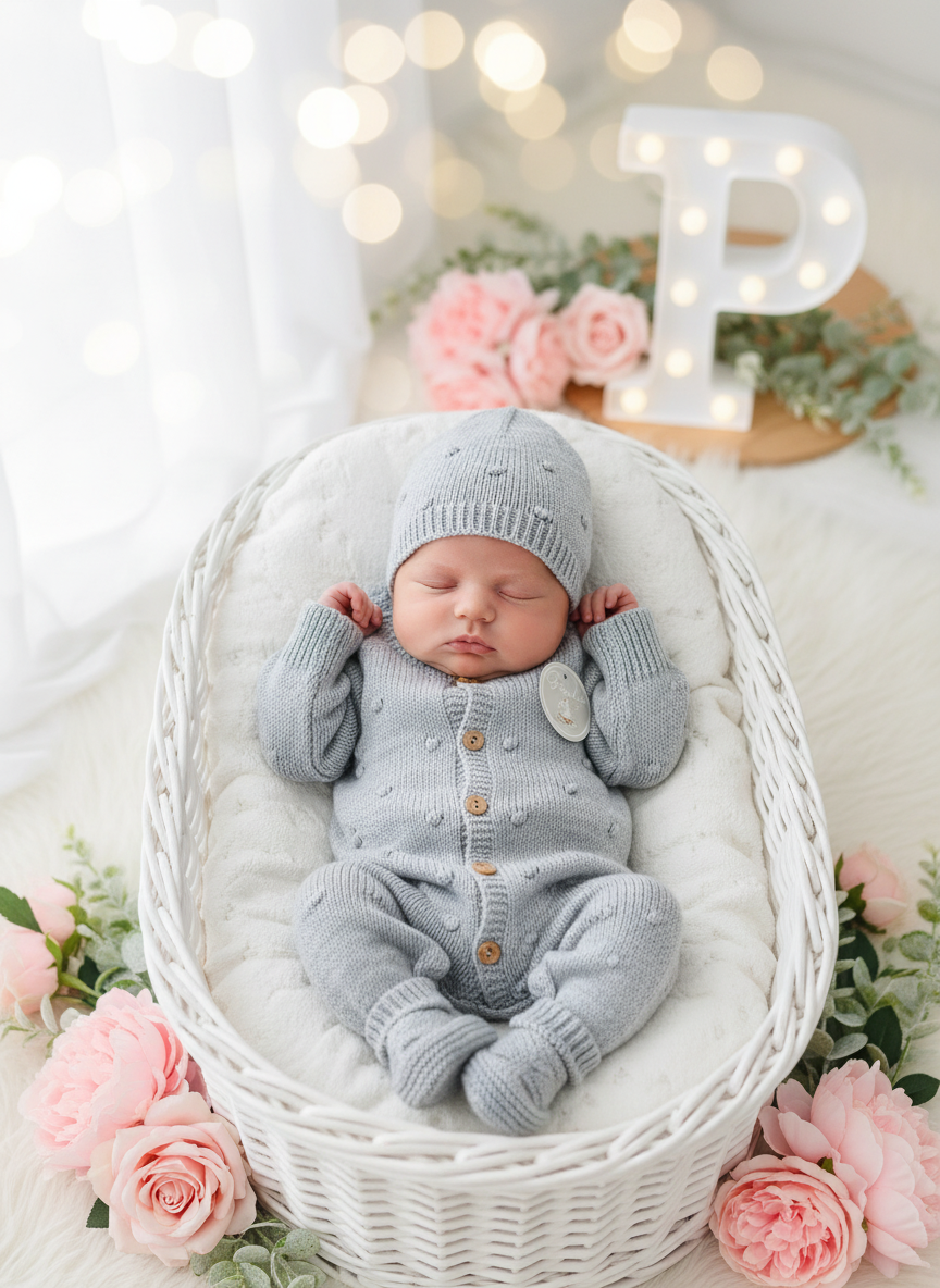 Conjunto bolinhas CINZA : macacão, gorro e carapins de malha