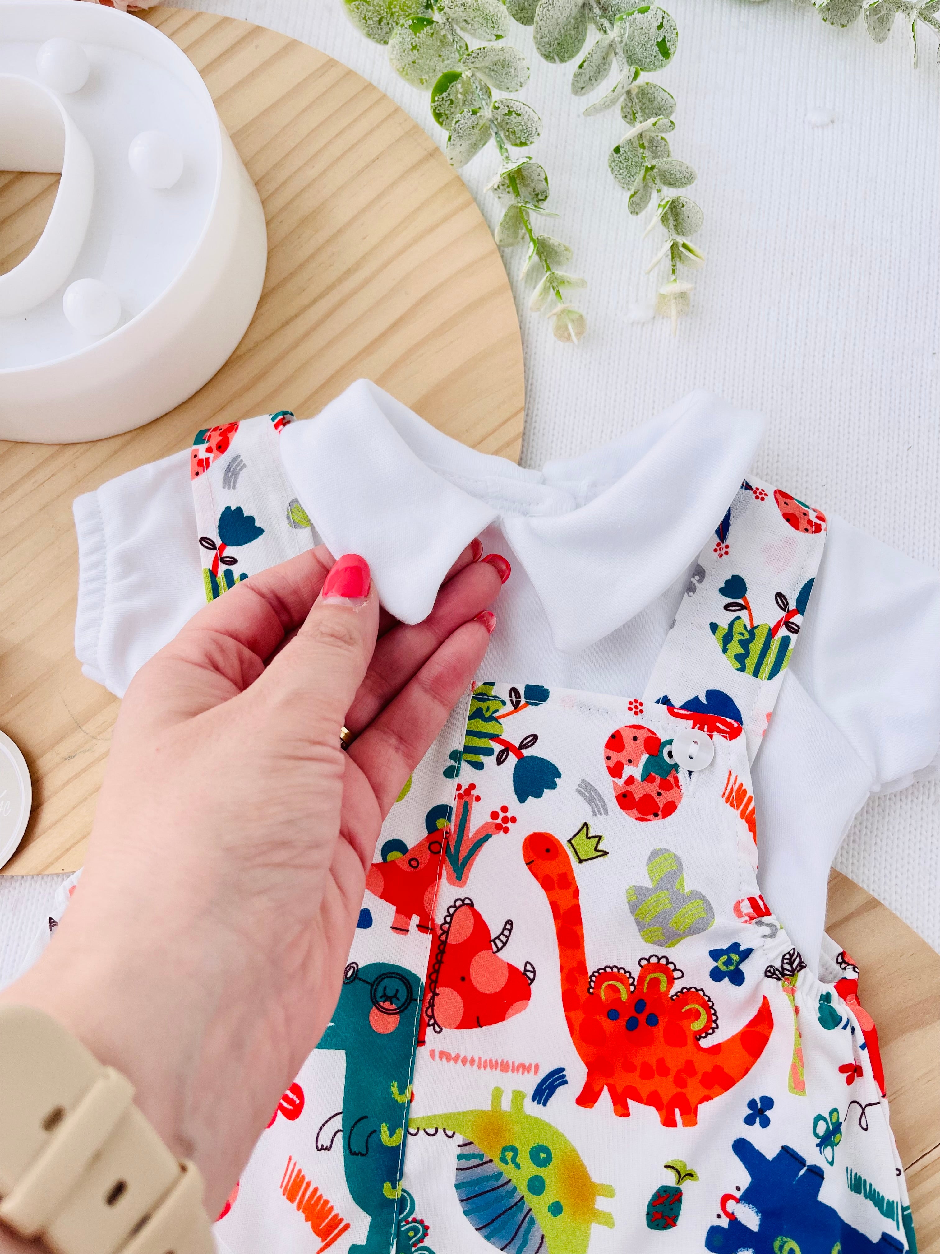 Conjunto Dinossauros : jardineiras e camisola