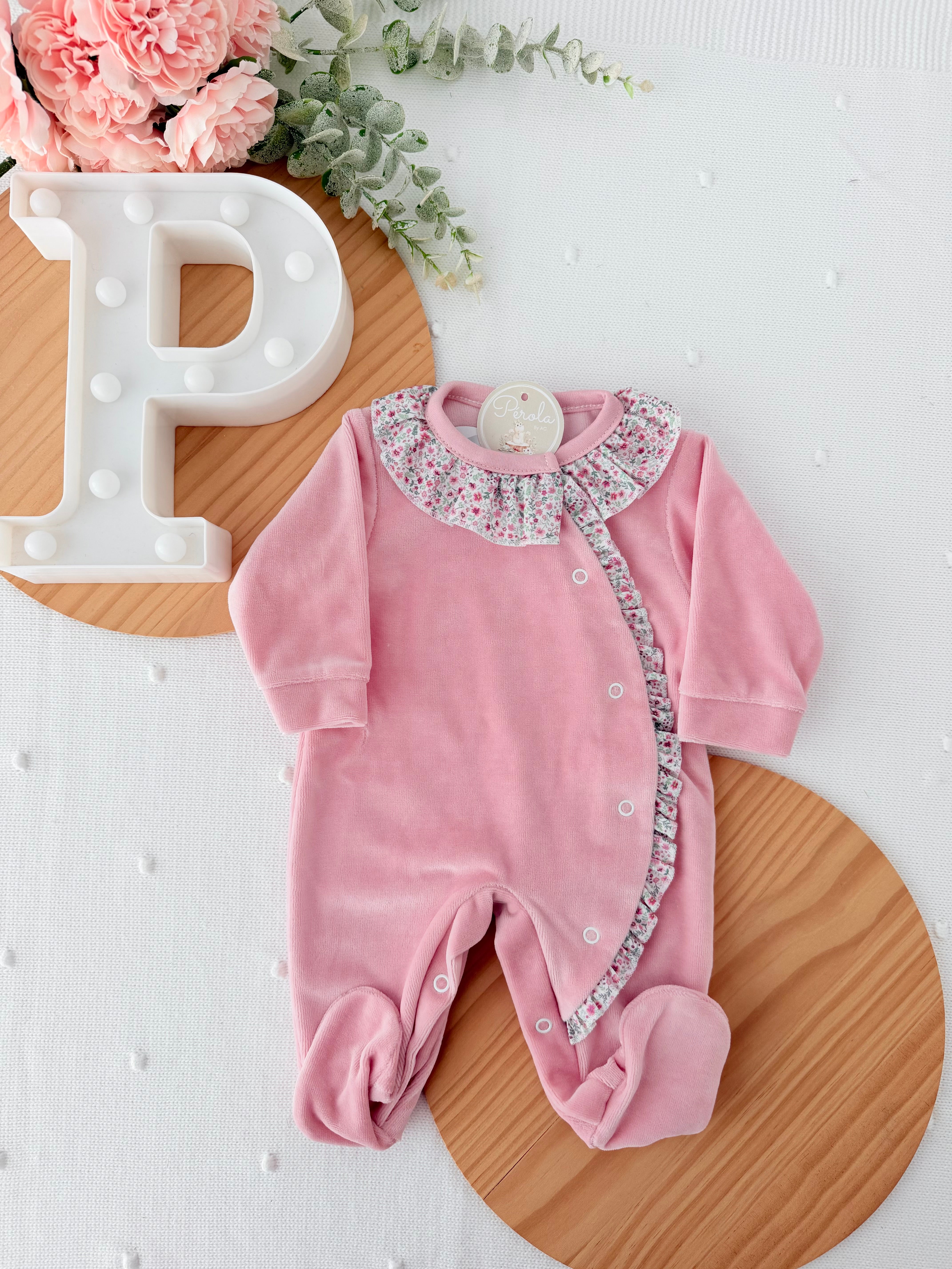 Babygrow tema flores em VELUDO Rosa velho