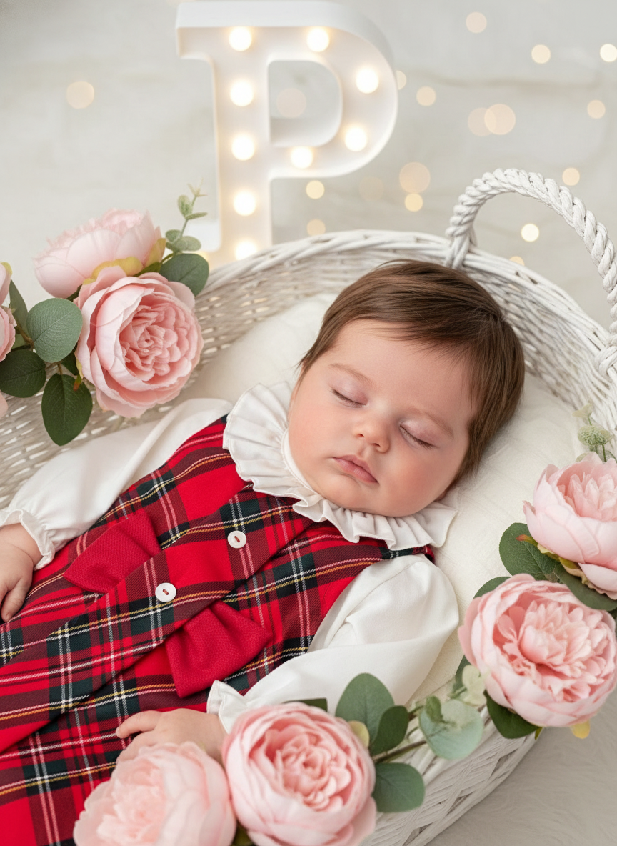 Conjunto laço vermelho: vestido xadrez  e camisa