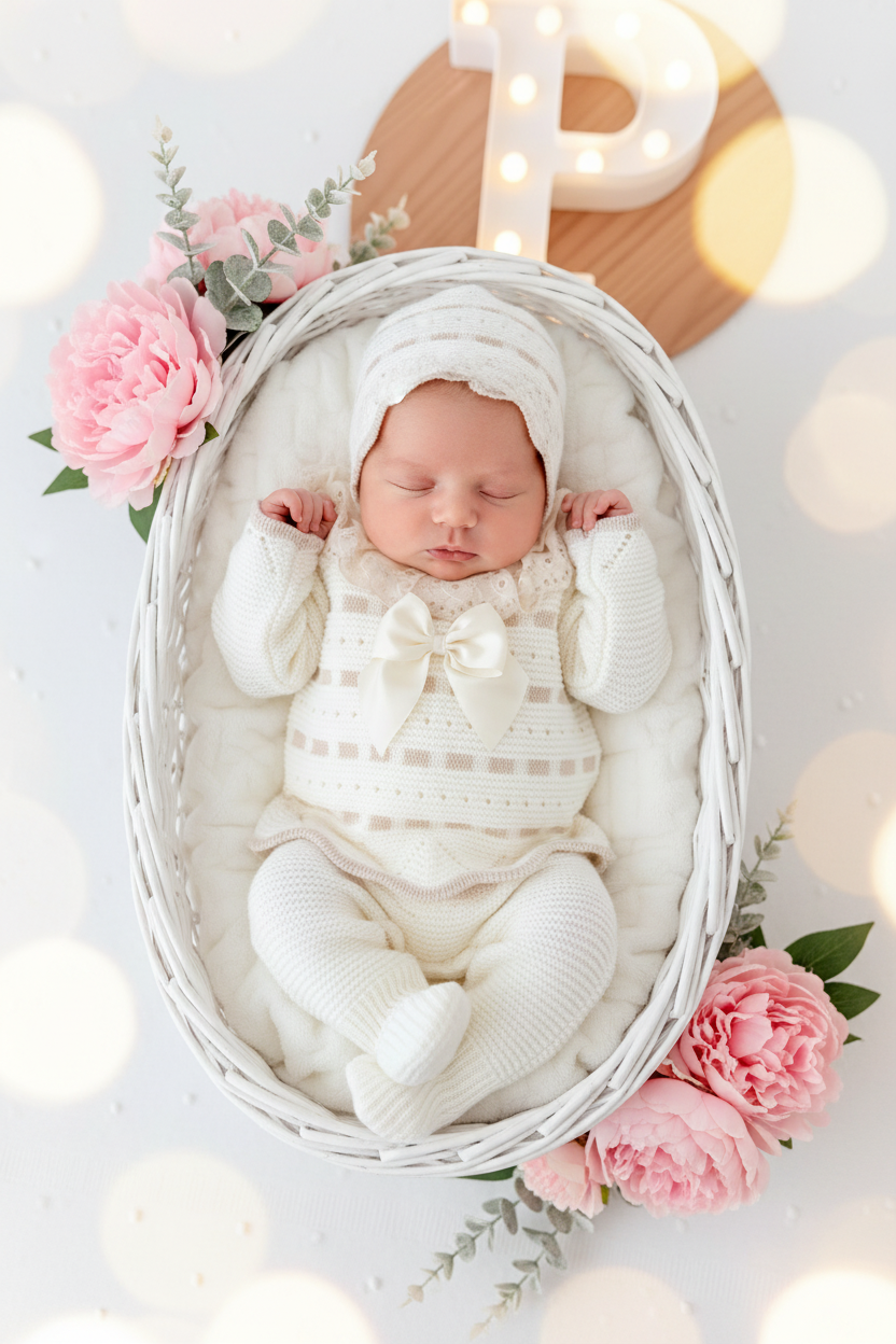 Conjunto princesinha de malha pérola com bordado inglês