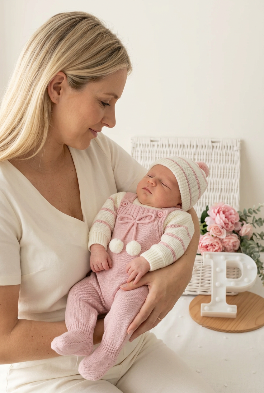 Conjunto risquinhas rosa: jardineiras, camisola e gorro