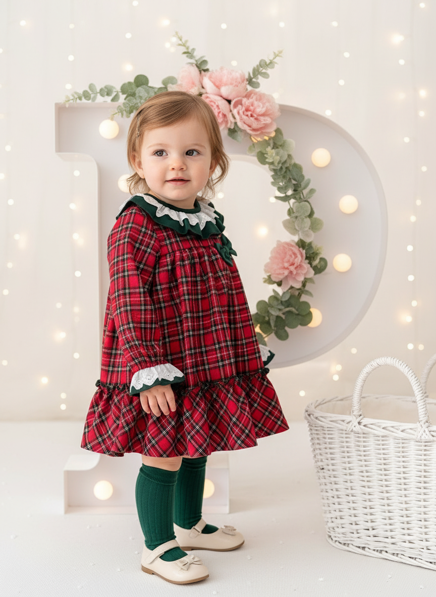 Vestido tartan com detalhes em verde