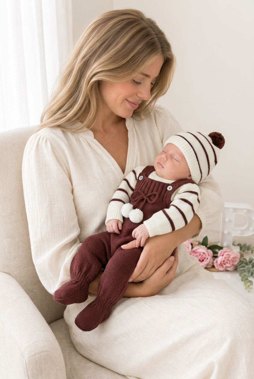 Conjunto risquinhas castanho: jardineiras, camisola e gorro