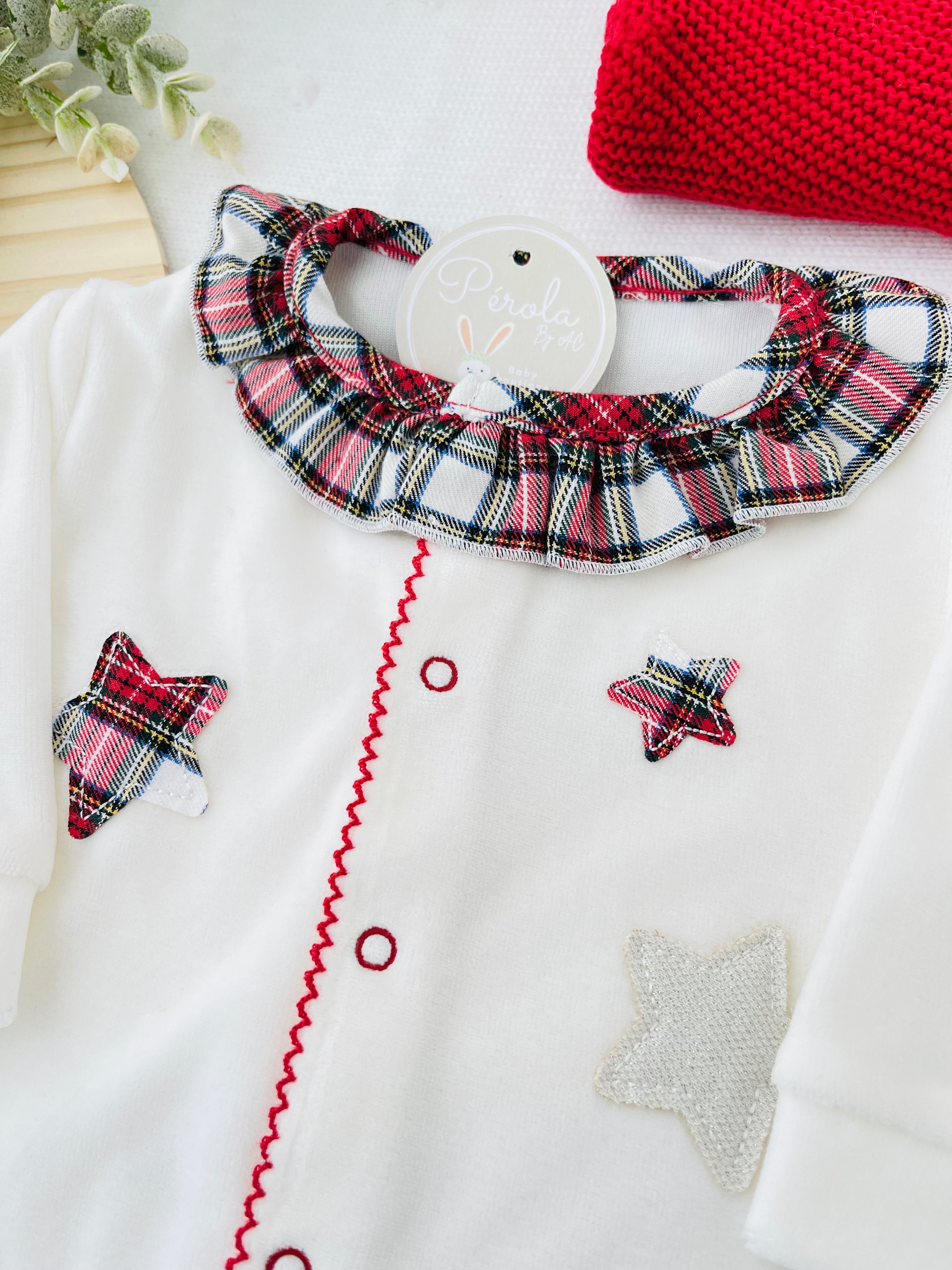 Babygrow Branco Estrelas GOLA REDONDA- xadrez Premium