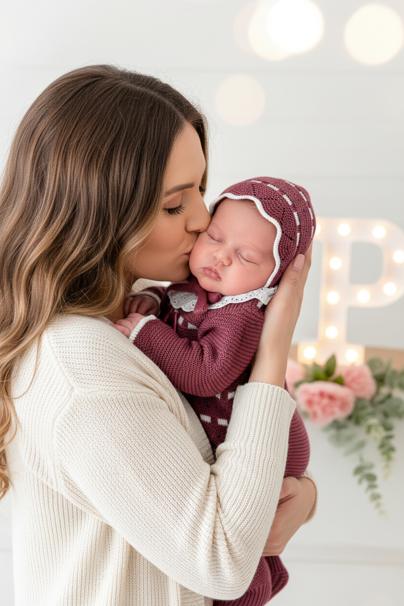Conjunto princesinha de malha berinjela com bordado inglês