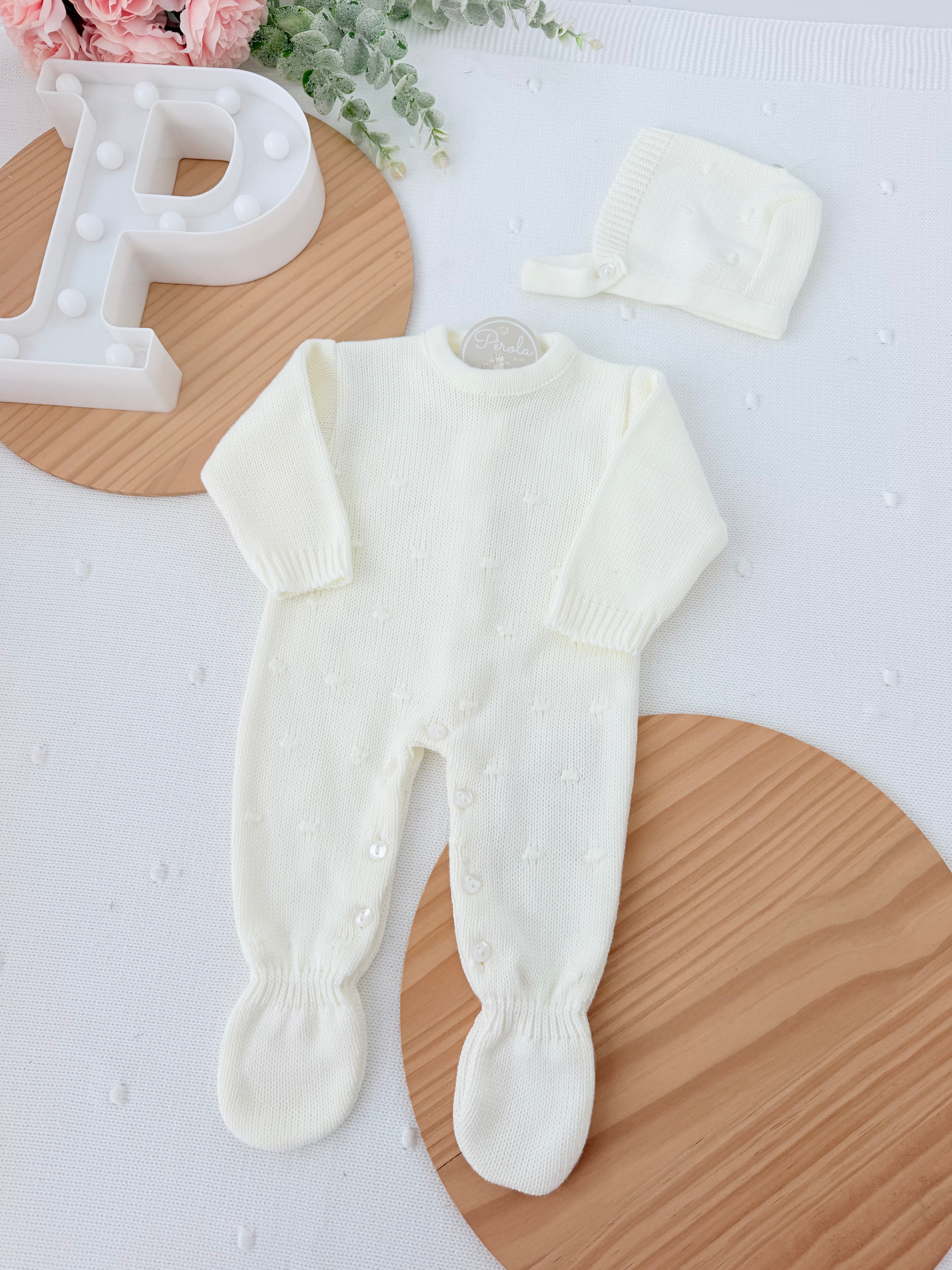 Babygrow e touca pérola em malha Outono Inverno