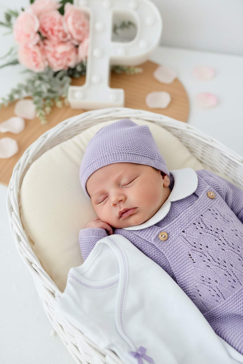 Pack saída de maternidade Lavanda 5 peças: body, calças, jardineiras, camisola e gorro