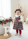 Conjunto Menina Tartan Vermelho e cinza - Vestido, Blusa e Bóina