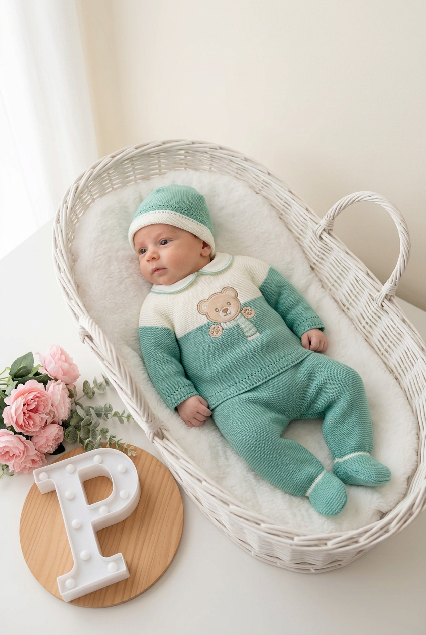 Conjunto malha ursinho: camisola, calças e gorro 0/3M