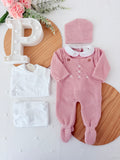 Pack saída de maternidade Rosa velho  5 peças: body, calças, jardineiras, camisola e gorro