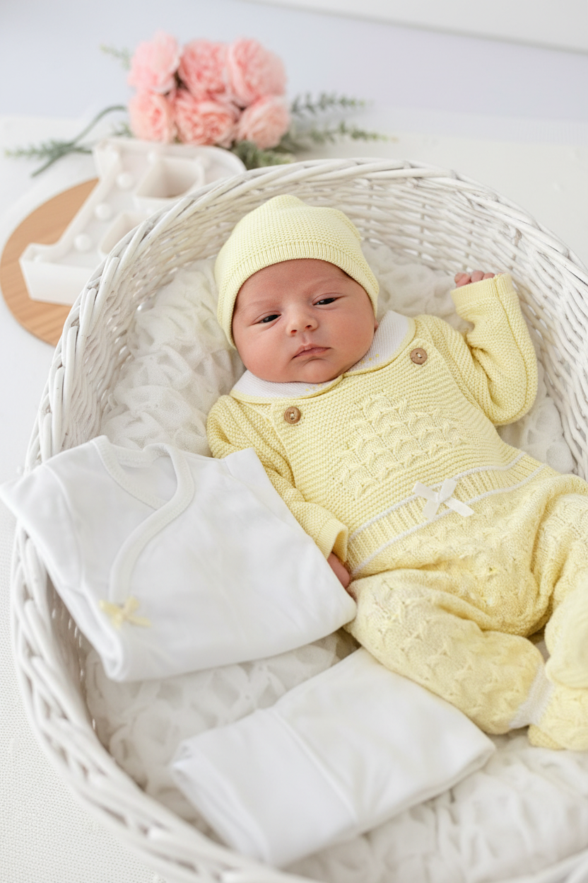 Pack saída de maternidade AMARELO 5 peças: body, calças, jardineiras, camisola e gorro