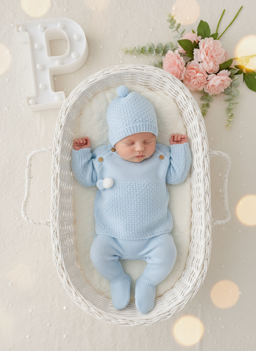 Conjunto menino malha azul: camisola, calças e gorro Outono/Inverno