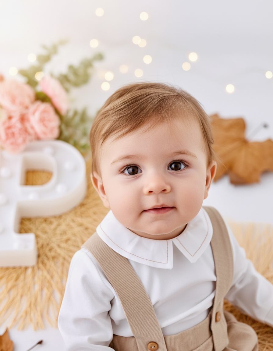 Conjunto menino bege: Calções bombazine e camisa- Outono/Inverno