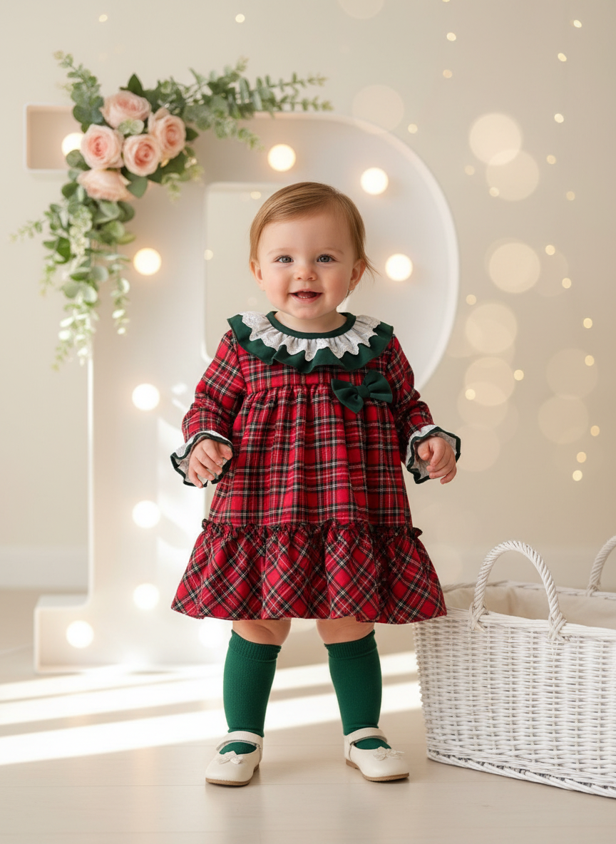Vestido tartan com detalhes em verde