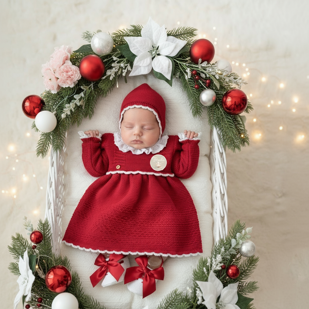 Conjunto em Malha Vermelha com Touca e Sapatinhos