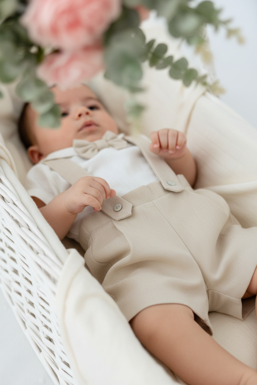 Conjunto especial cerimónia para menino: calções, camisa e laço